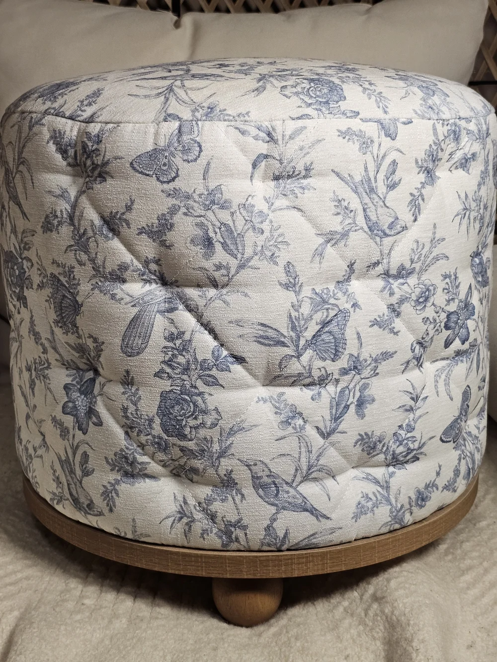 Floral Birds Butteflies Blue and Cream Quilted Accent Ottoman Delphine Viral